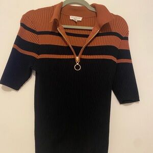 Ribbed Zipper Polo Top - Black and Brown